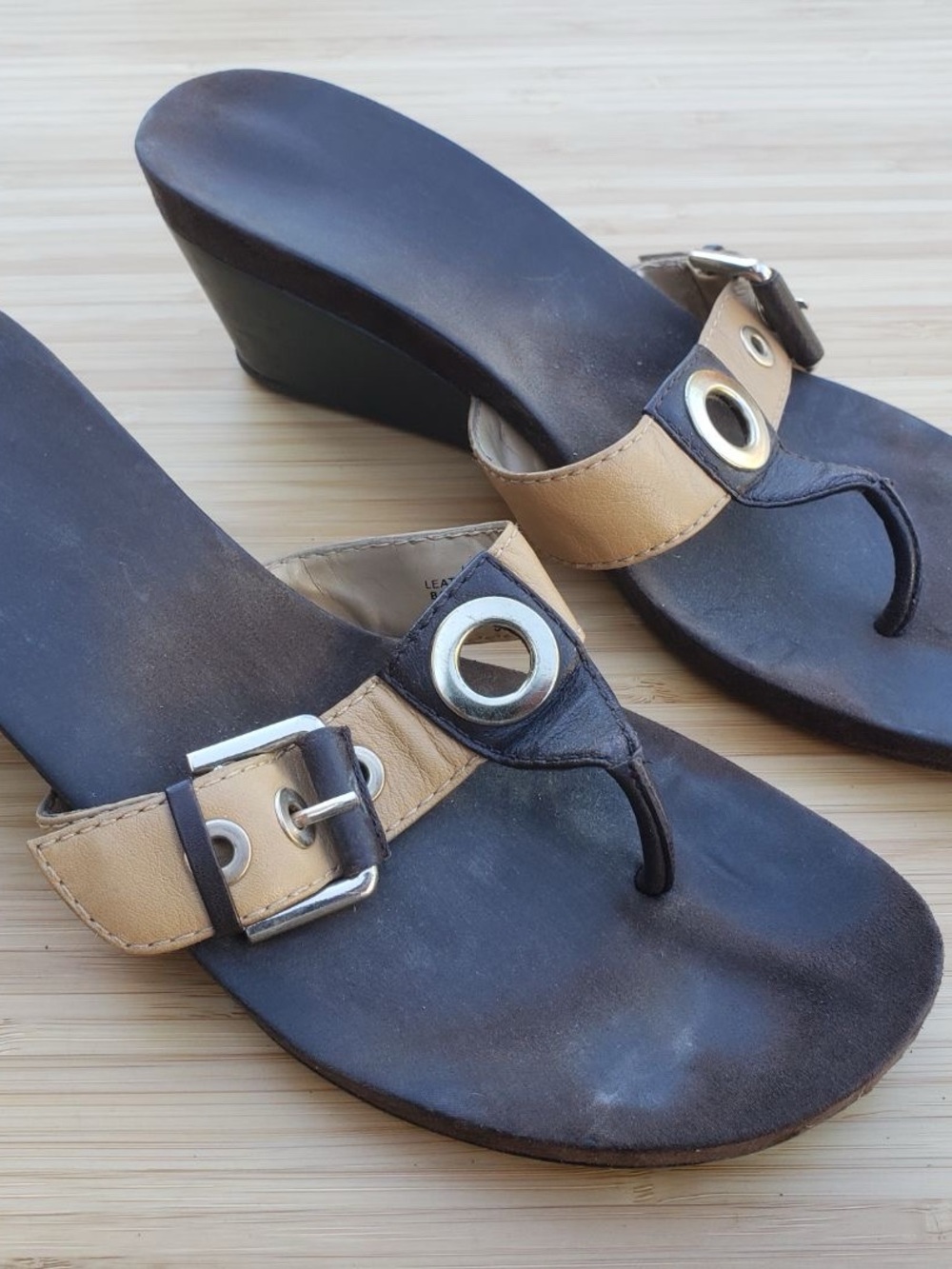 Women's Tan and Black Wedge Thong Sandals